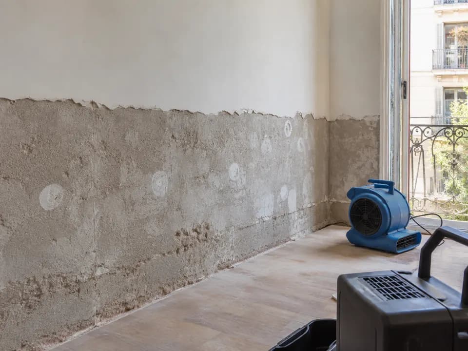 Muro saneado y equipos de secado en una vivienda